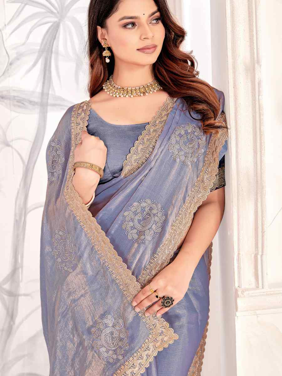 Blue Silk Embroidered Festival Wedding Fancy Heavy Border Saree