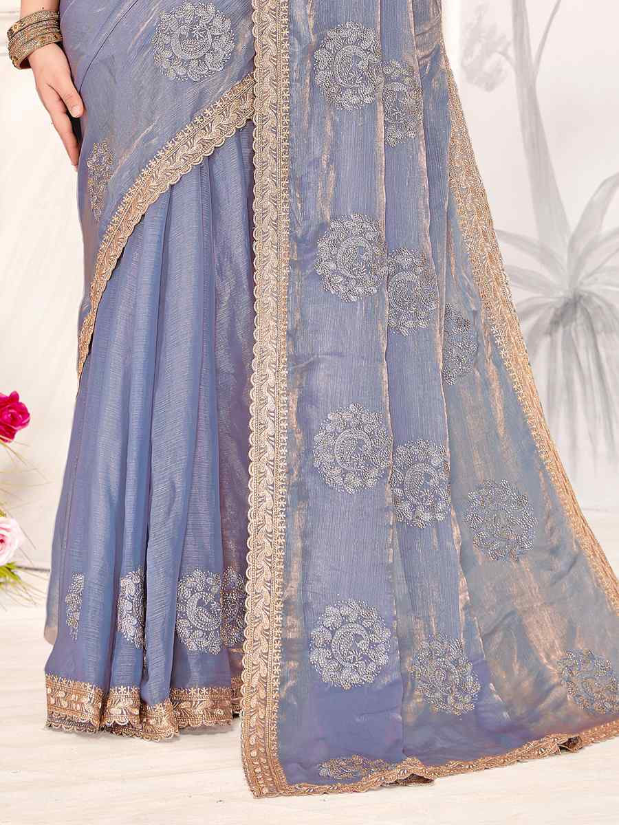 Blue Silk Embroidered Festival Wedding Fancy Heavy Border Saree