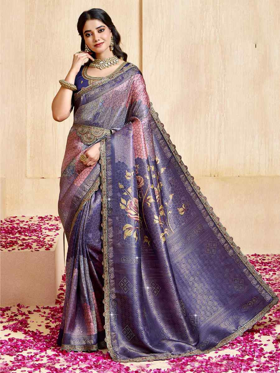 Blue Silk Embroidered Festival Wedding Fancy Heavy Border Saree