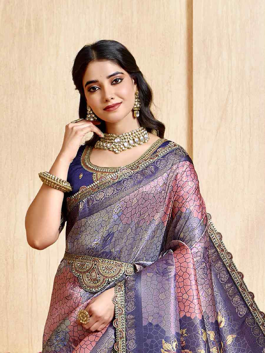 Blue Silk Embroidered Festival Wedding Fancy Heavy Border Saree