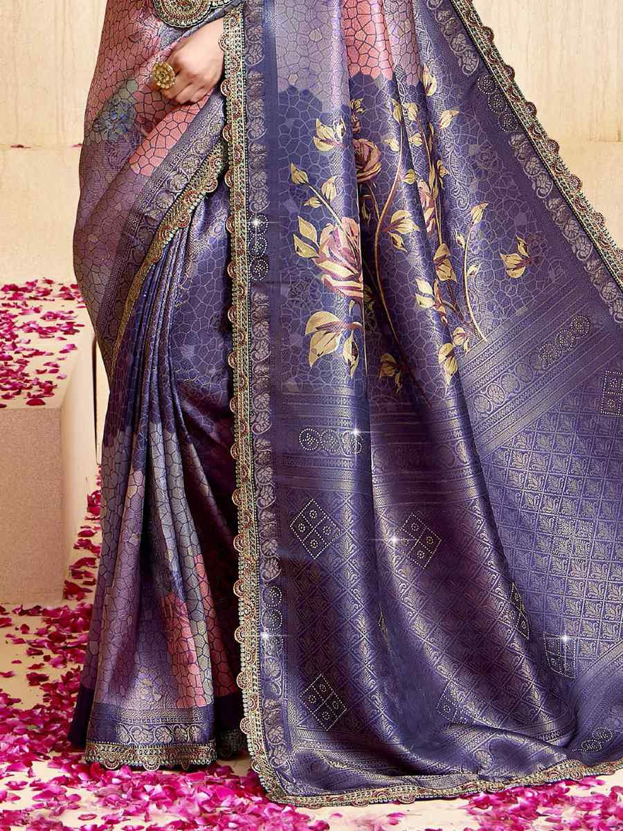 Blue Silk Embroidered Festival Wedding Fancy Heavy Border Saree
