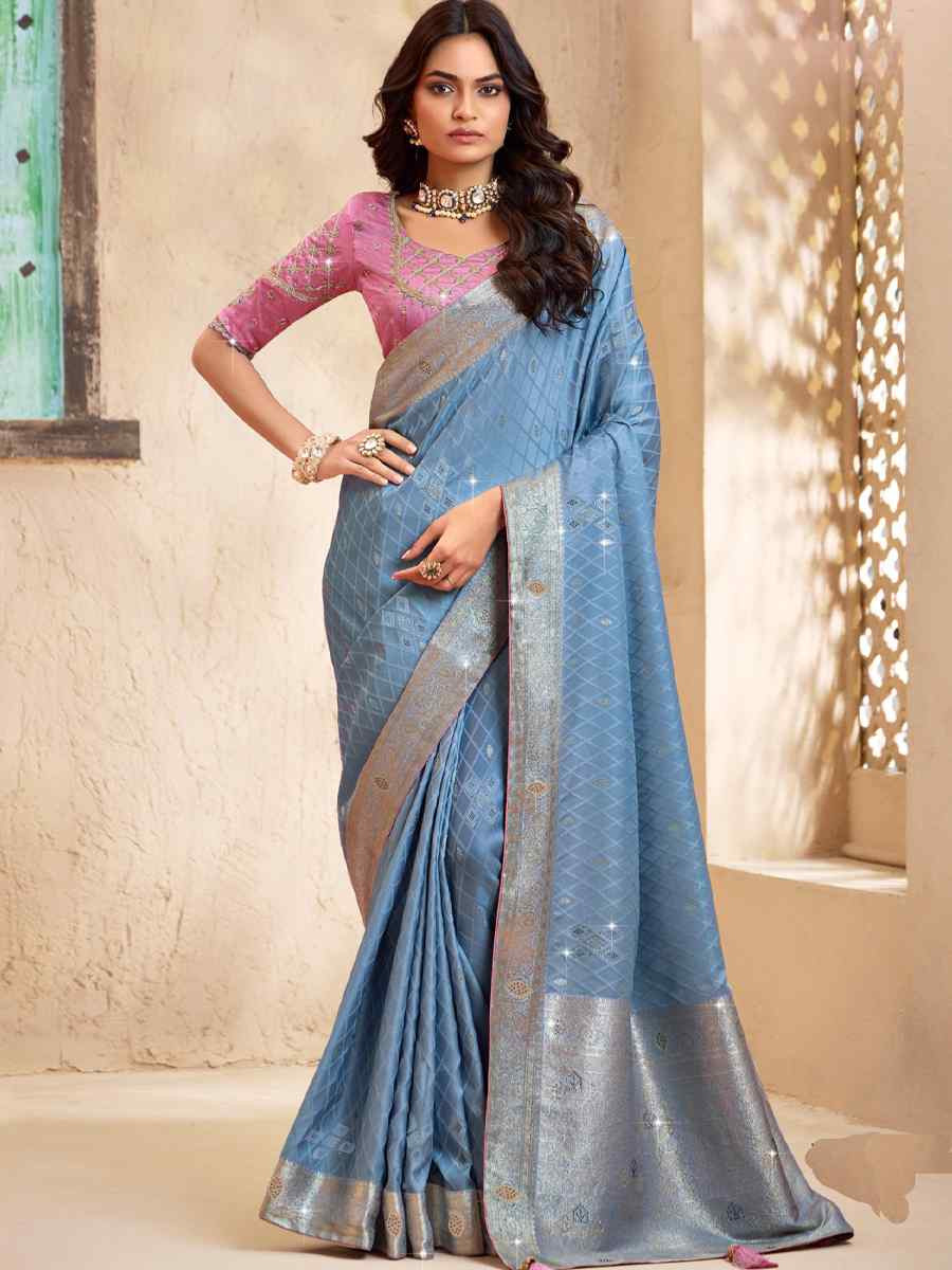 Blue Silk Embroidered Festival Wedding Fancy Heavy Border Saree