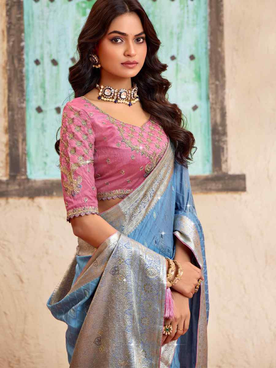 Blue Silk Embroidered Festival Wedding Fancy Heavy Border Saree