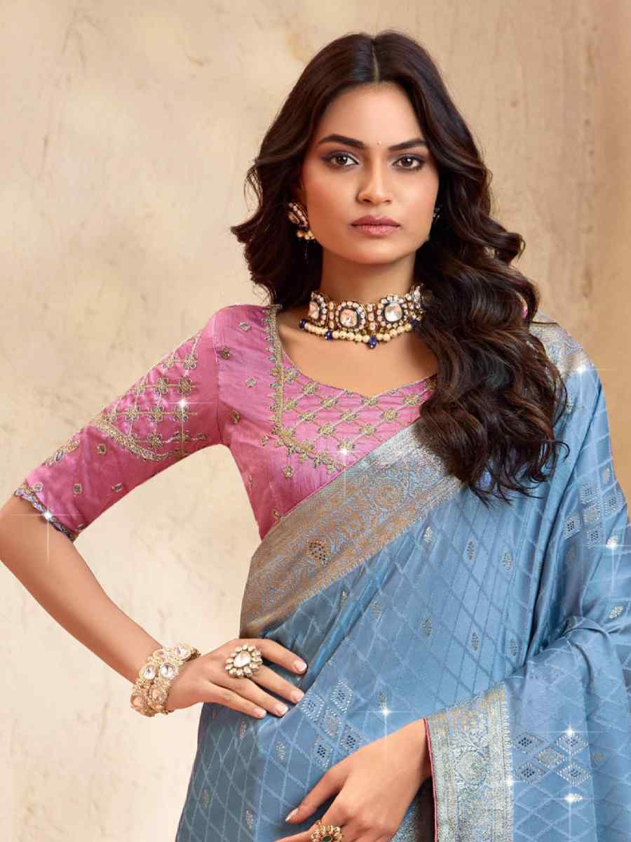 Blue Silk Embroidered Festival Wedding Fancy Heavy Border Saree