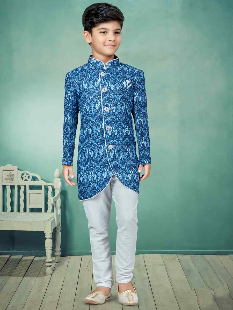 Blue Silk Embroidered Party Festival Kurta Pyjama Boys Wear