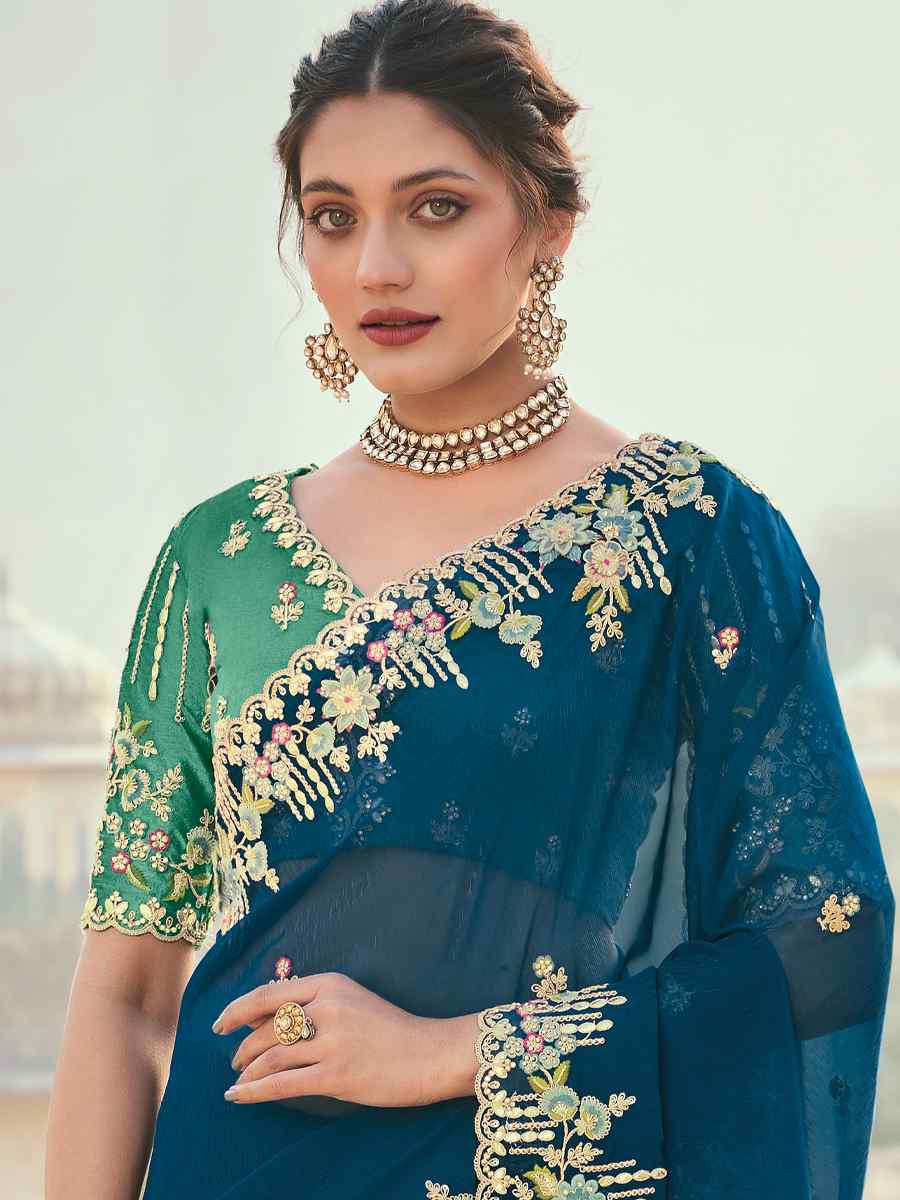 Blue Silk Embroidered Wedding Festival Heavy Border Saree
