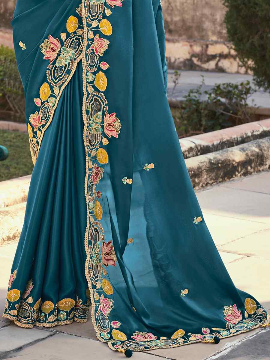 Blue Silk Embroidered Wedding Festival Heavy Border Saree