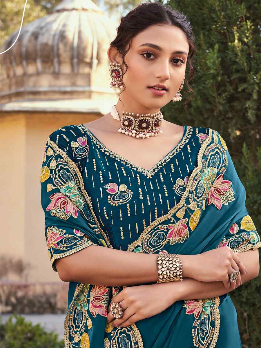 Blue Silk Embroidered Wedding Festival Heavy Border Saree