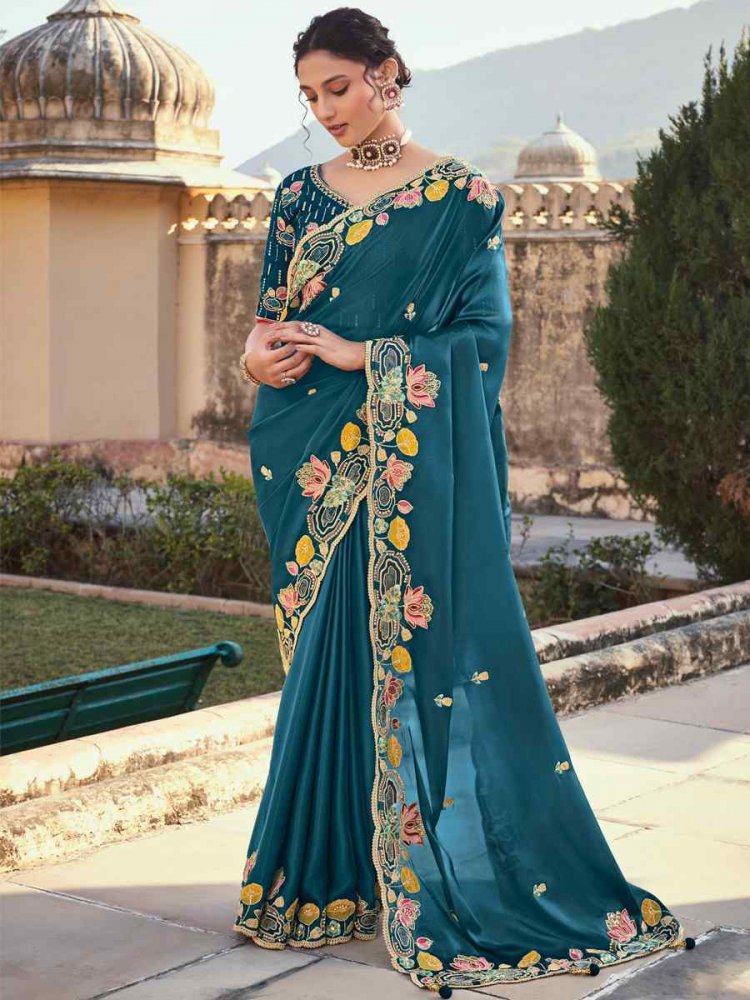 Blue Silk Embroidered Wedding Festival Heavy Border Saree