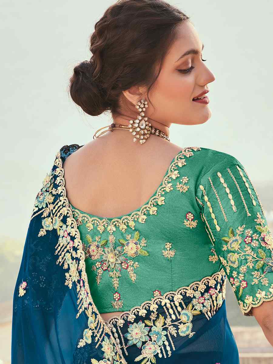 Blue Silk Embroidered Wedding Festival Heavy Border Saree