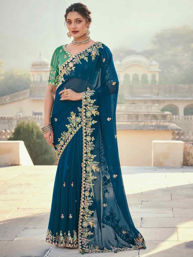 Blue Silk Embroidered Wedding Festival Heavy Border Saree