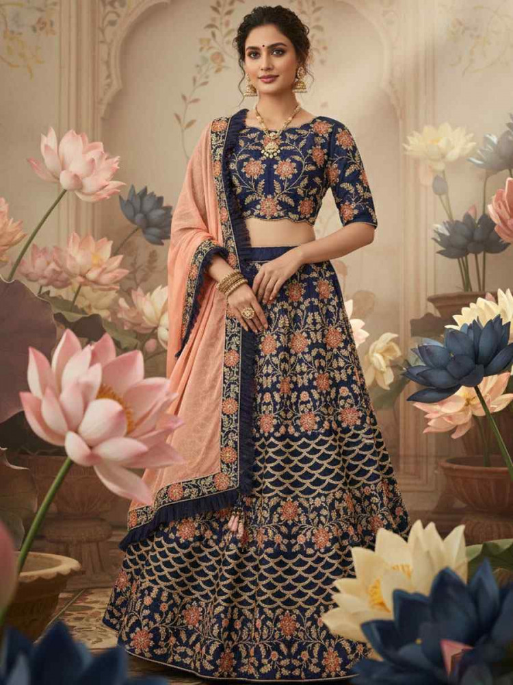Image of Blue Silk Embroidered Wedding Reception Festival Heavy Border Lehenga Choli