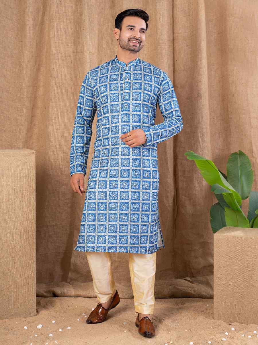 Blue Silk Embroidery Festival Wedding Party Mens Kurta