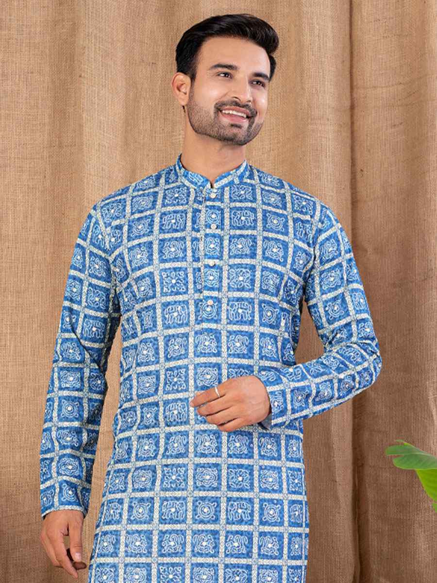 Blue Silk Embroidery Festival Wedding Party Mens Kurta