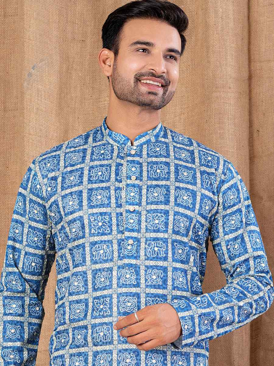Blue Silk Embroidery Festival Wedding Party Mens Kurta