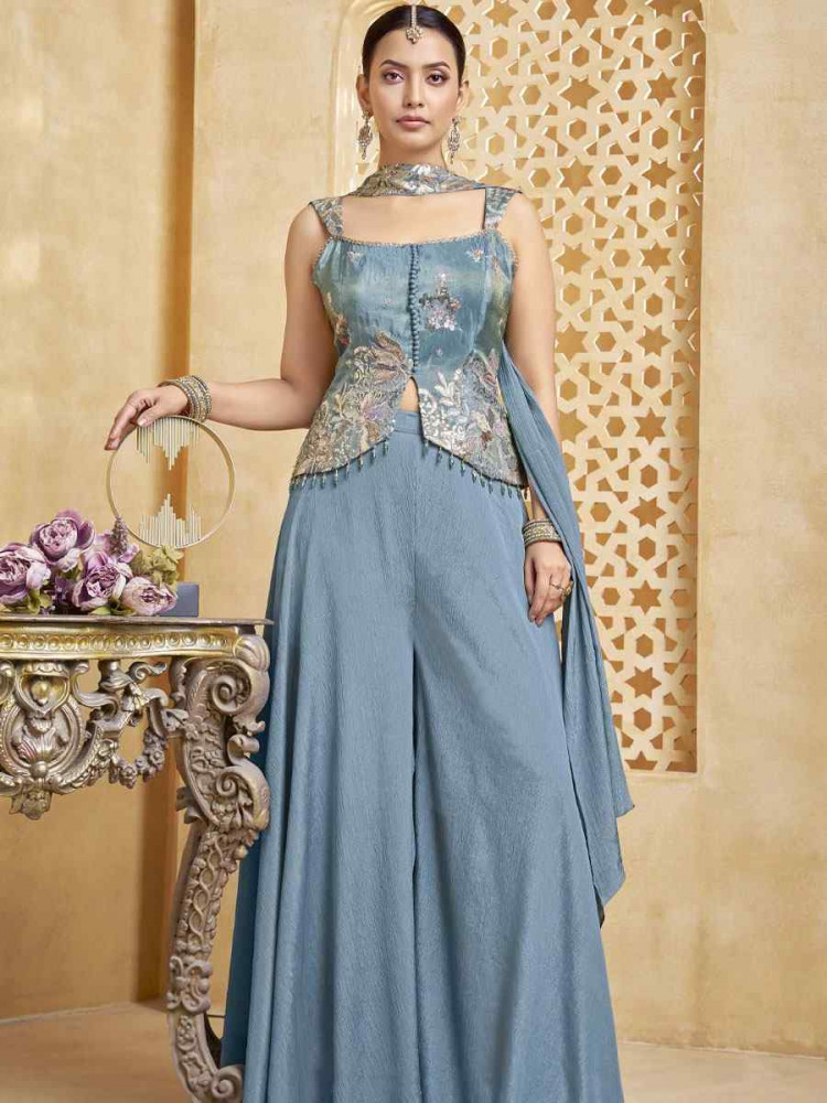 Image of Blue Silk Embroidery Party Wedding Festival Casual Ready Palazzo Pant Salwar Kameez