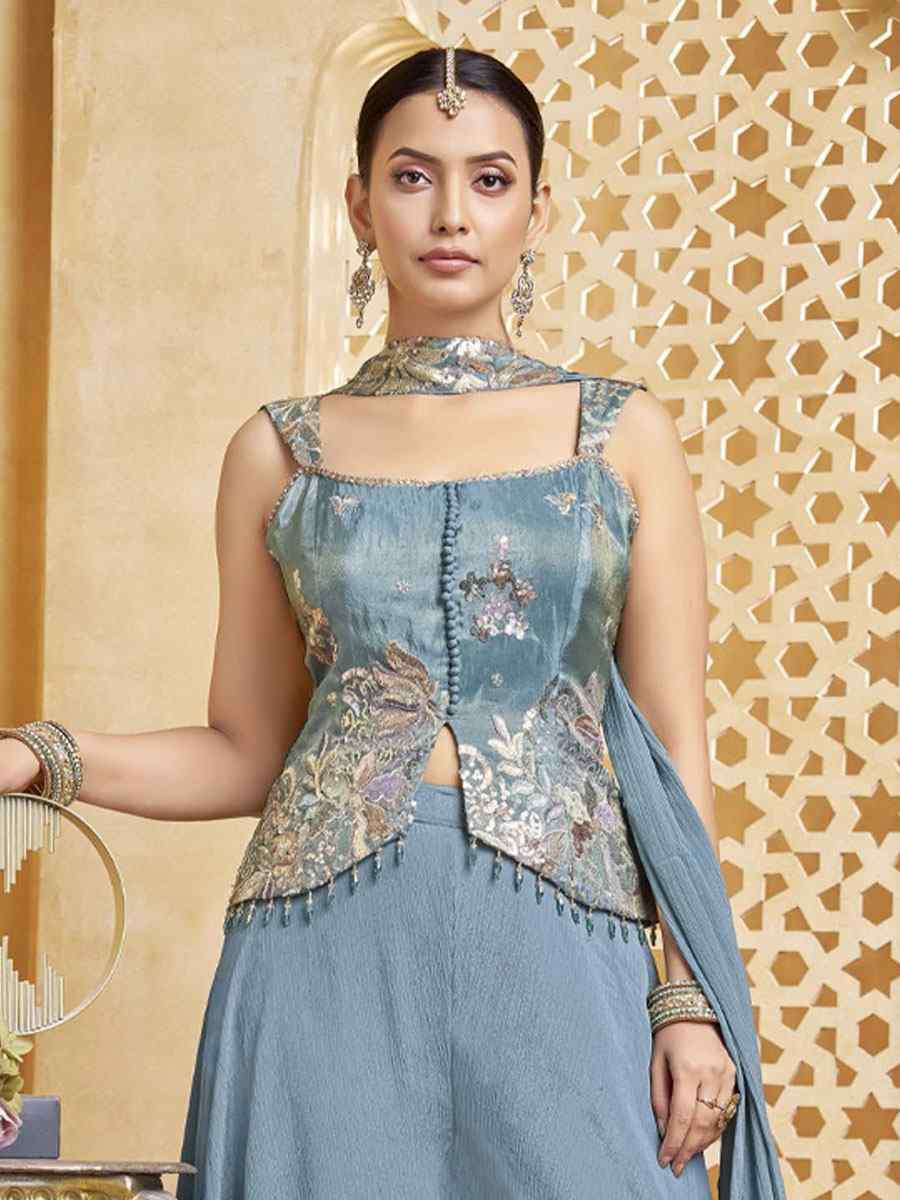 Blue Silk Embroidery Party Wedding Festival Casual Ready Palazzo Pant Salwar Kameez