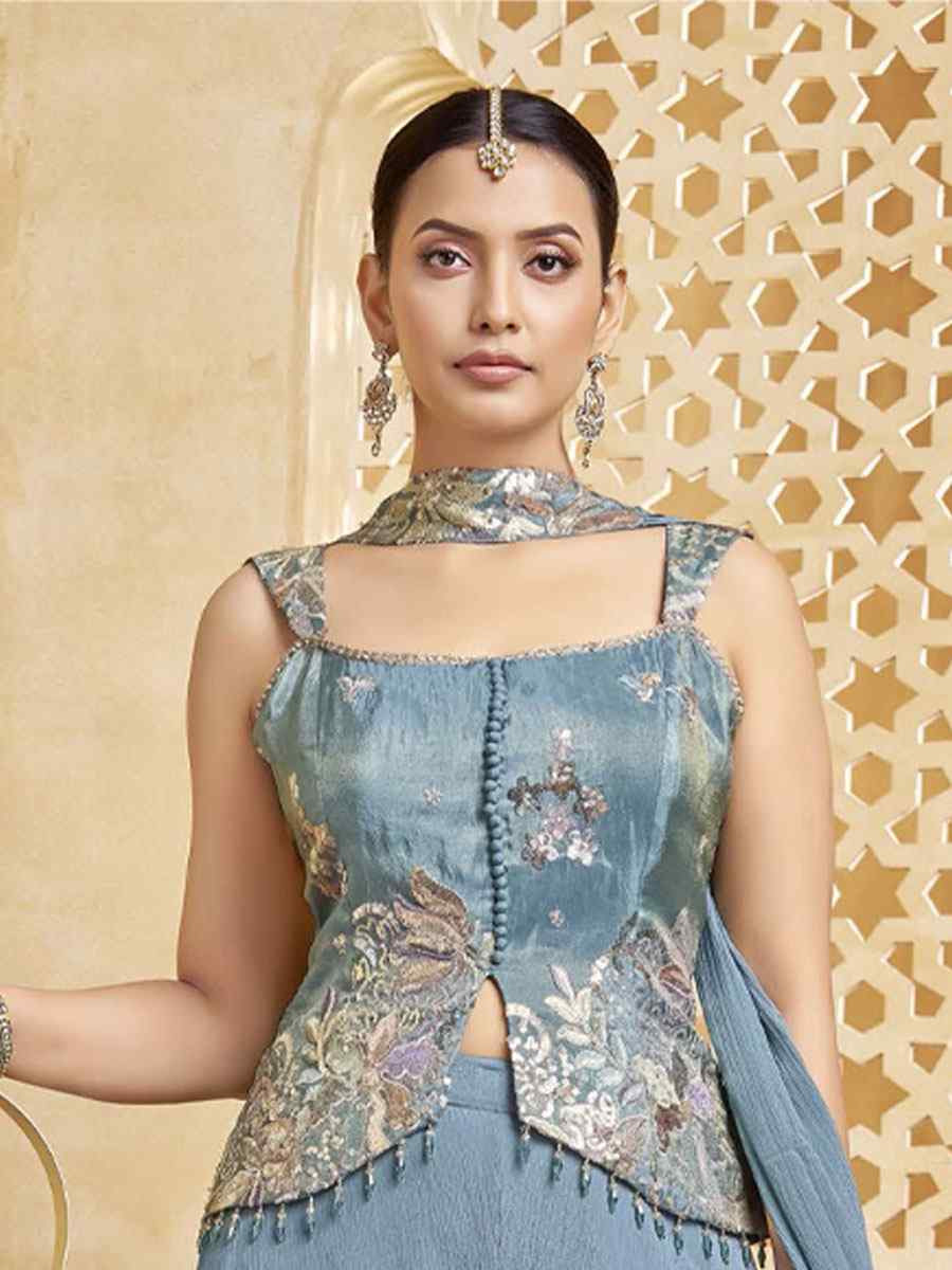 Blue Silk Embroidery Party Wedding Festival Casual Ready Palazzo Pant Salwar Kameez