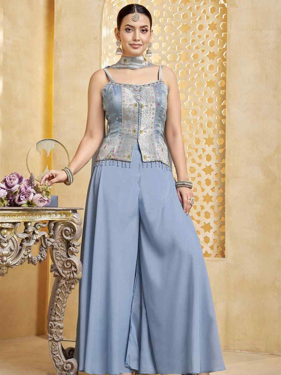 Blue Silk Embroidery Party Wedding Festival Casual Ready Palazzo Pant Salwar Kameez