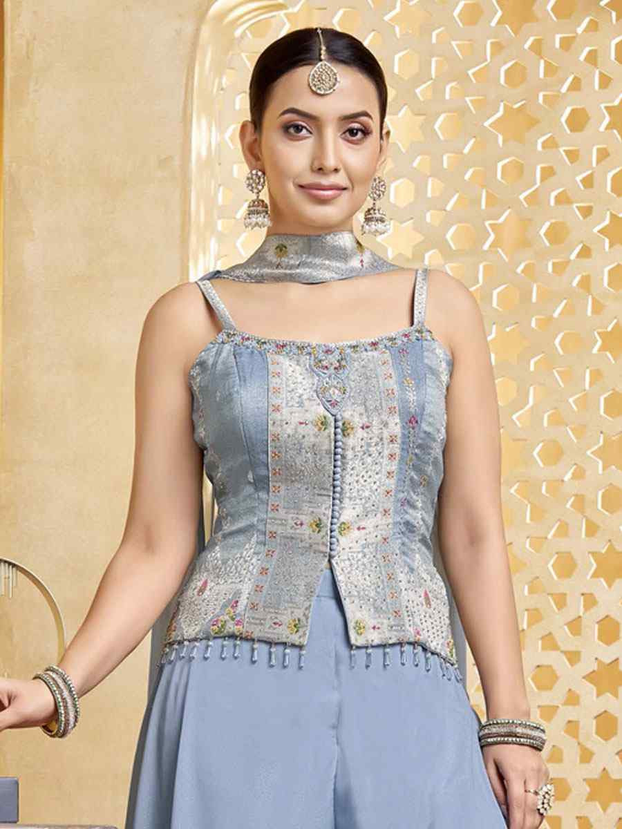 Blue Silk Embroidery Party Wedding Festival Casual Ready Palazzo Pant Salwar Kameez