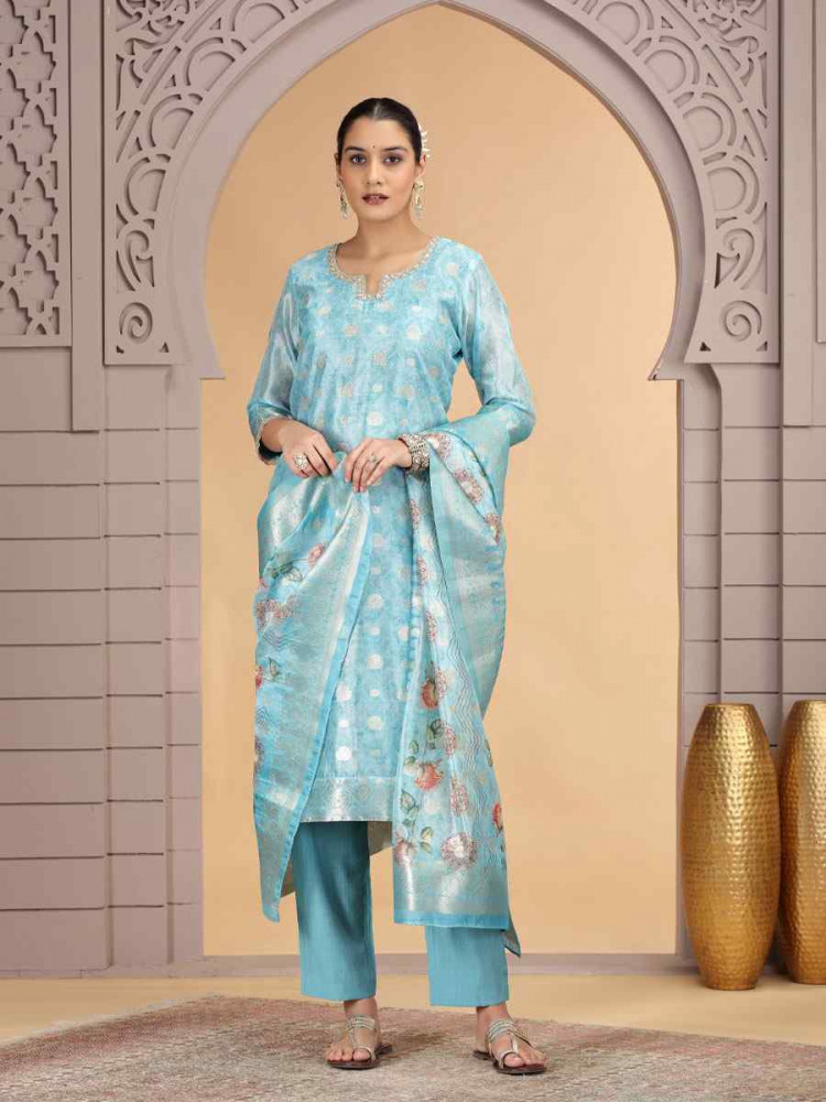 Image of Blue Silk Embroidery Party Wedding Festival Casual Ready Pant Salwar Kameez