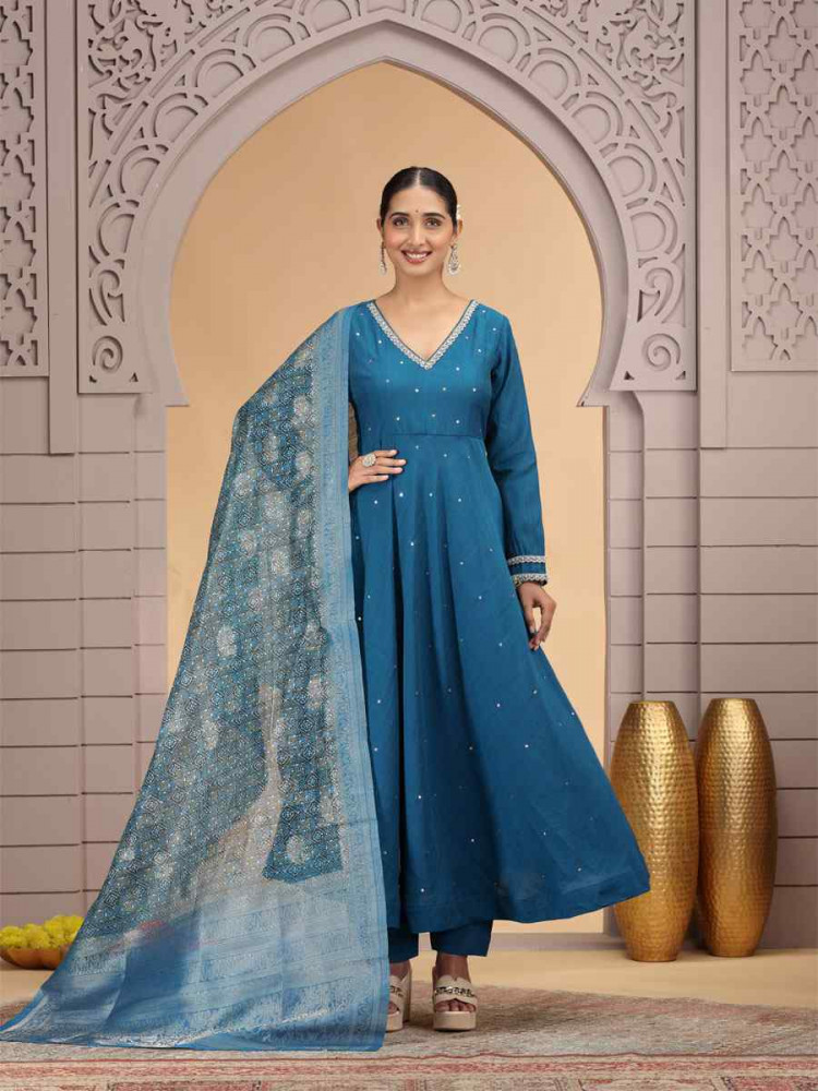 Image of Blue Silk Embroidery Party Wedding Festival Casual Ready Pant Salwar Kameez