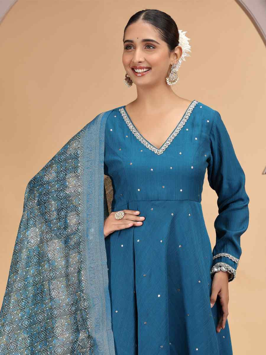 Blue Silk Embroidery Party Wedding Festival Casual Ready Pant Salwar Kameez