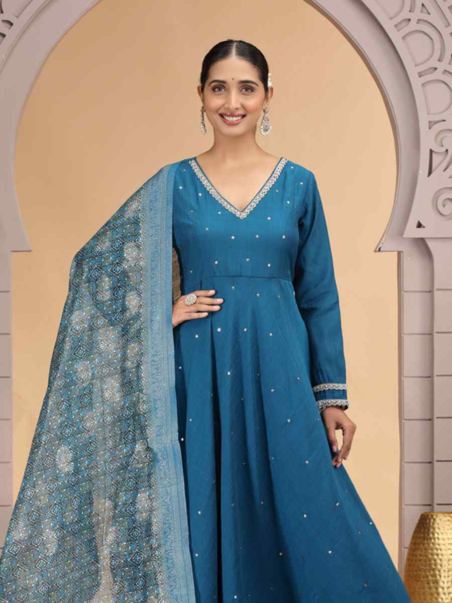 Blue Silk Embroidery Party Wedding Festival Casual Ready Pant Salwar Kameez