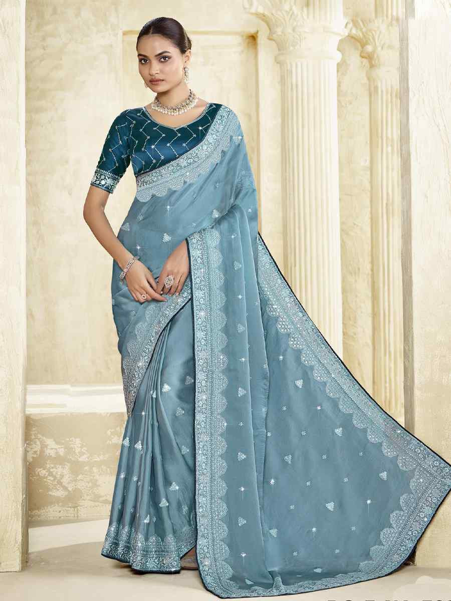 Blue Silk Embroidery Traditional Bridal Reception Festival Wedding Fancy Heavy Border Saree