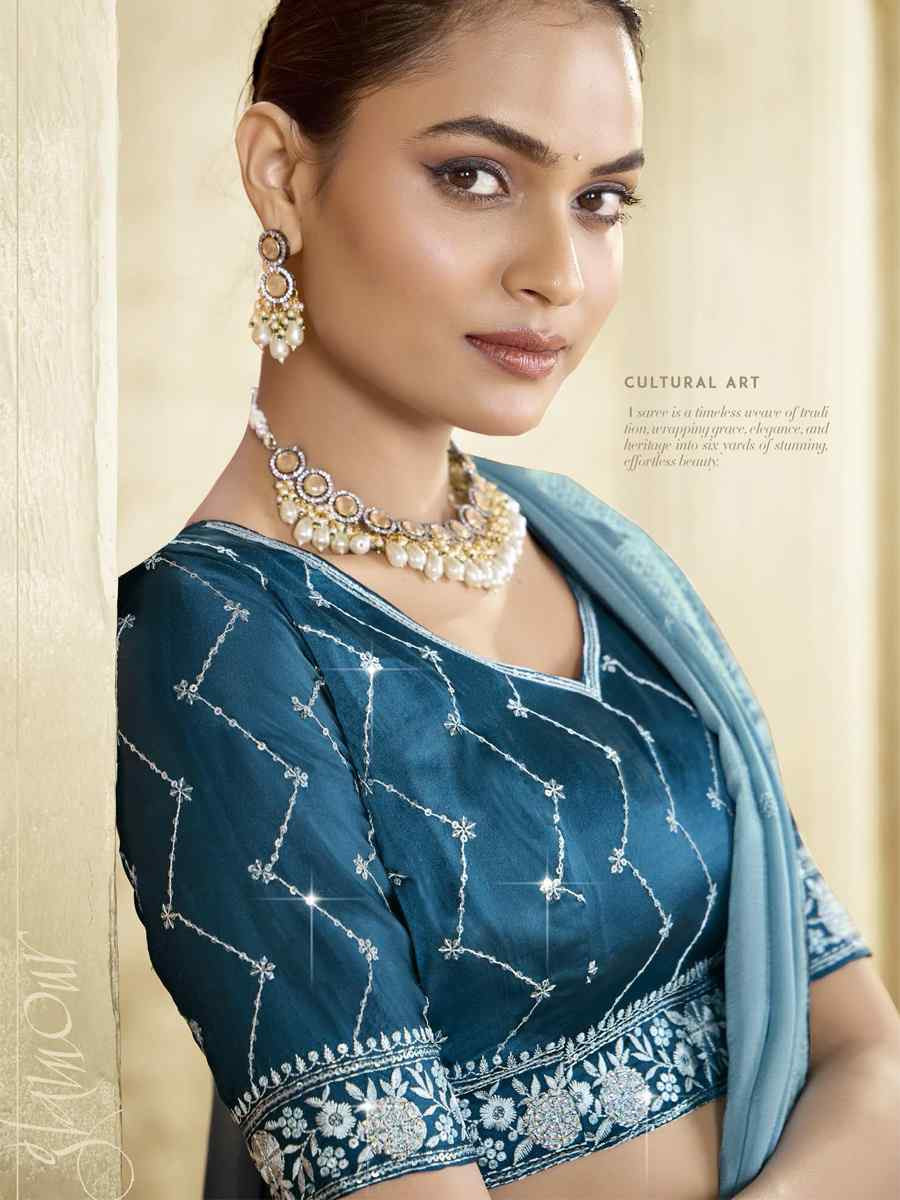 Blue Silk Embroidery Traditional Bridal Reception Festival Wedding Fancy Heavy Border Saree