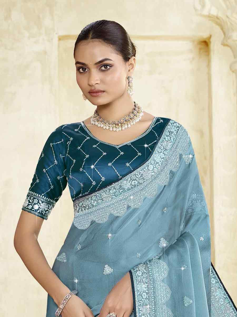 Blue Silk Embroidery Traditional Bridal Reception Festival Wedding Fancy Heavy Border Saree