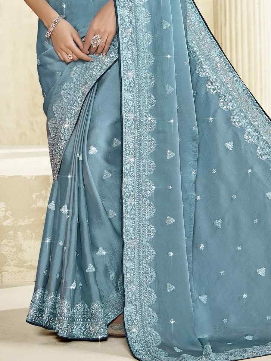 Blue Silk Embroidery Traditional Bridal Reception Festival Wedding Fancy Heavy Border Saree