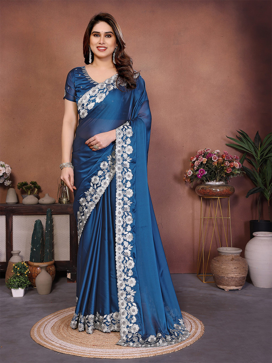 Blue Silk Embroidery Wedding Festival Reception Party Wear Heavy Border Saree