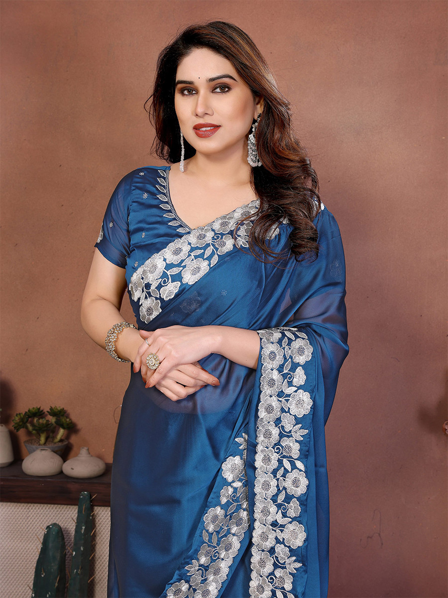 Blue Silk Embroidery Wedding Festival Reception Party Wear Heavy Border Saree