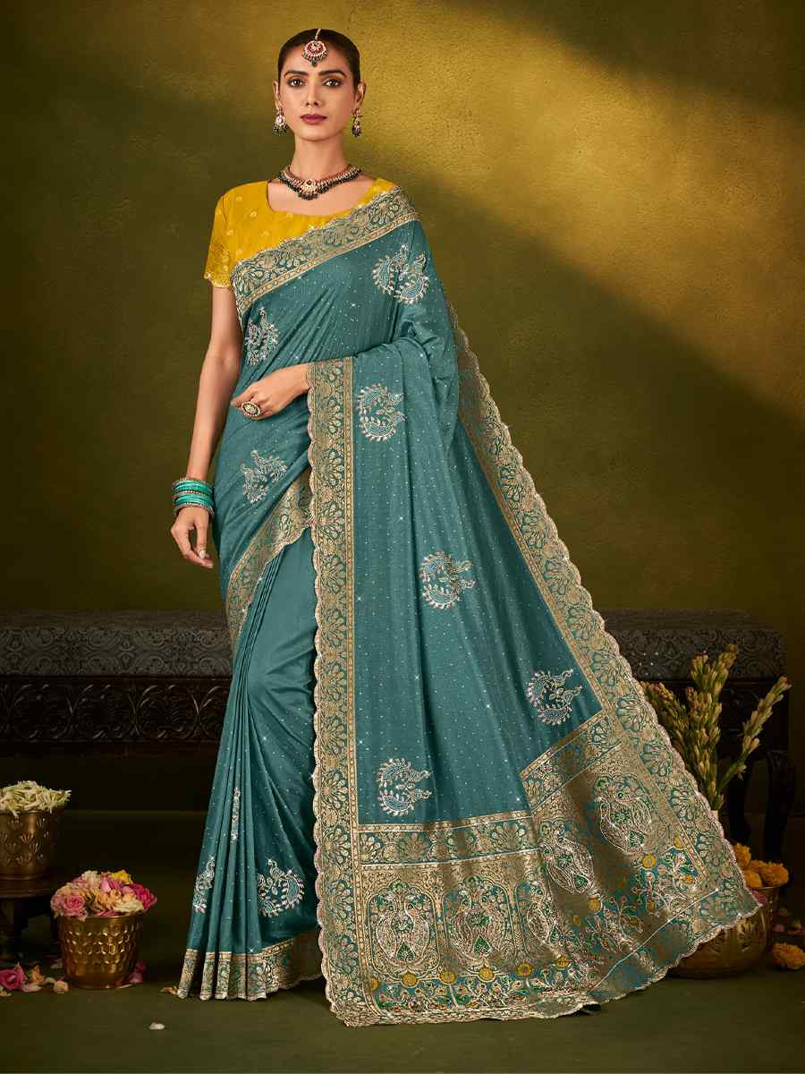 Blue Silk Handwoven Bridal Reception Festival Wedding Fancy Heavy Border Saree