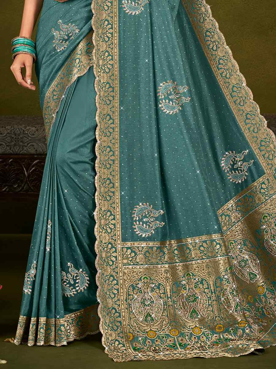 Blue Silk Handwoven Bridal Reception Festival Wedding Fancy Heavy Border Saree