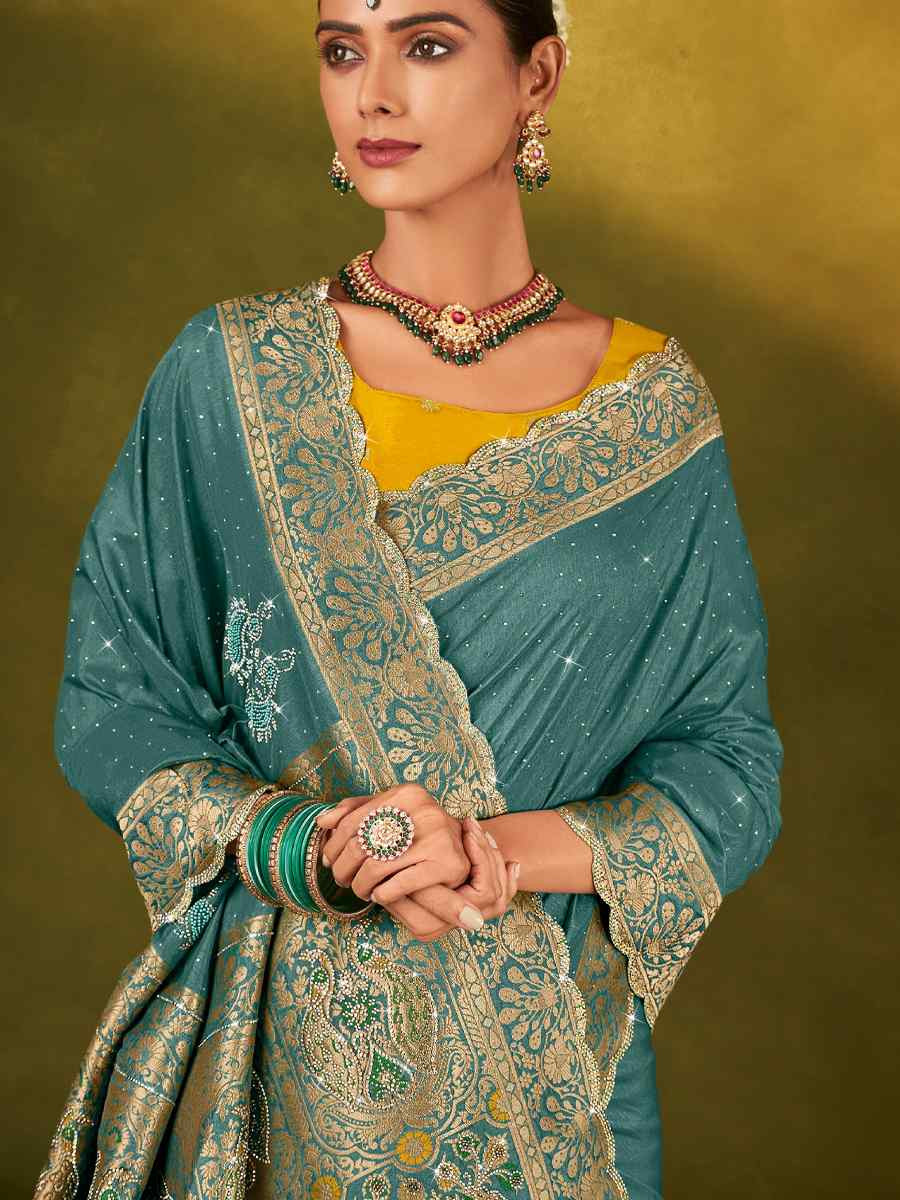 Blue Silk Handwoven Bridal Reception Festival Wedding Fancy Heavy Border Saree