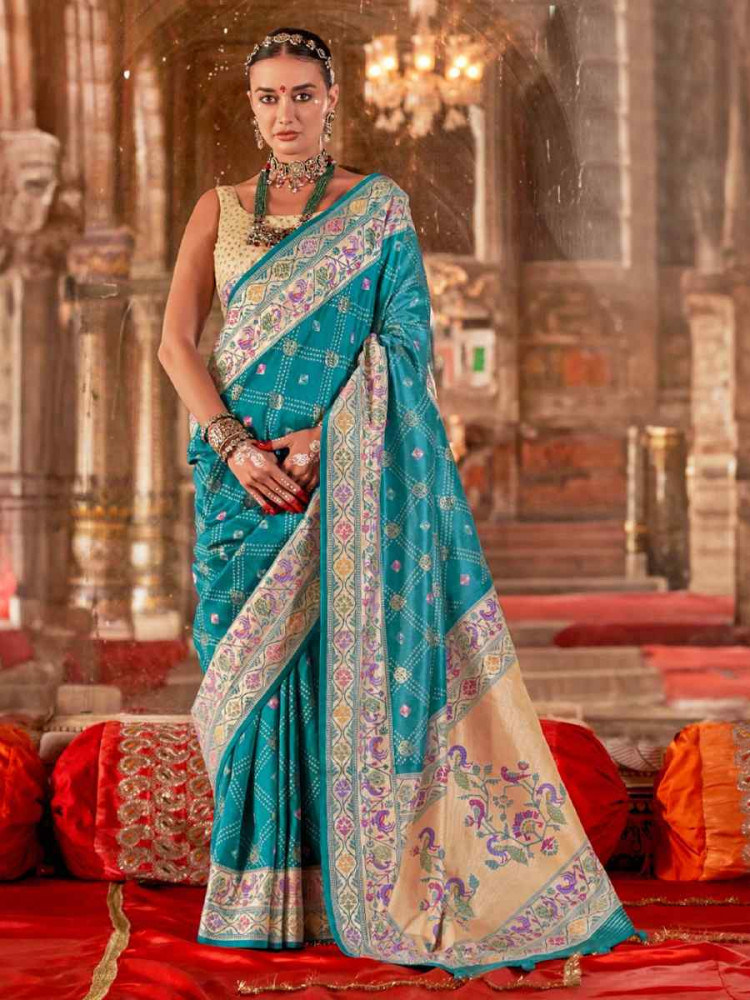 Blue Silk Handwoven Festival Wedding Fancy Heavy Border Saree