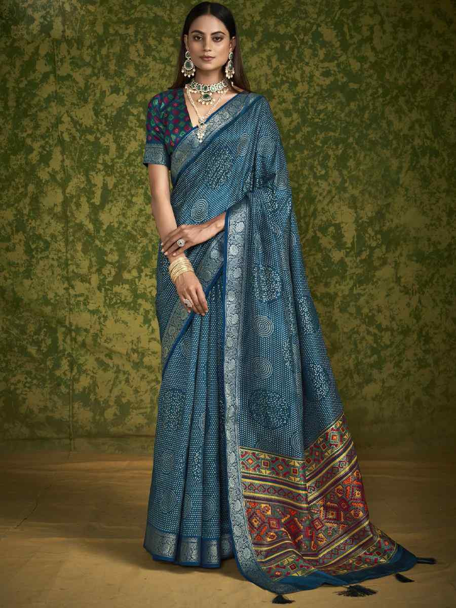 Blue Silk Handwoven Festival Wedding Fancy Heavy Border Saree
