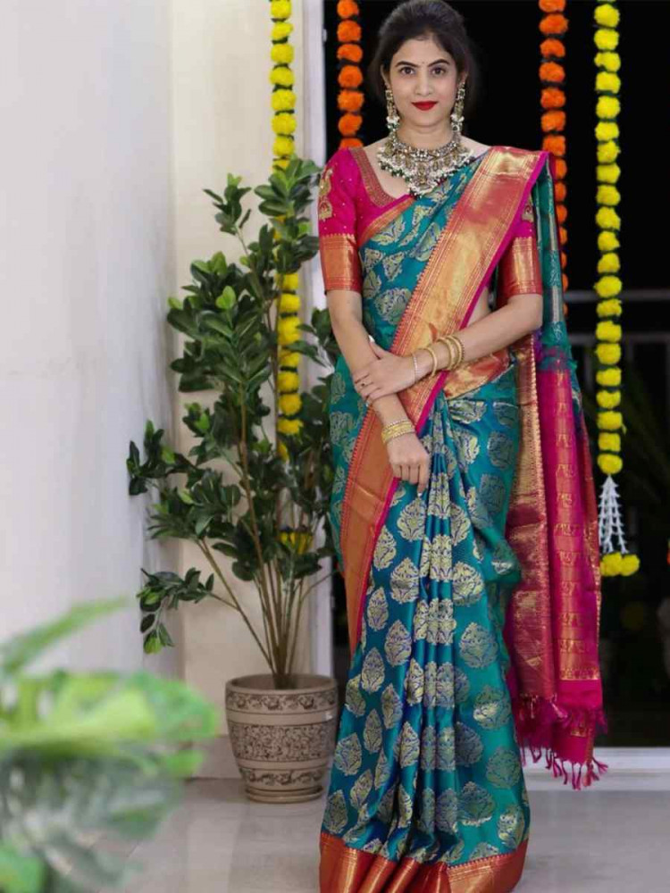 Blue Silk Handwoven Festival Wedding Fancy Heavy Border Saree