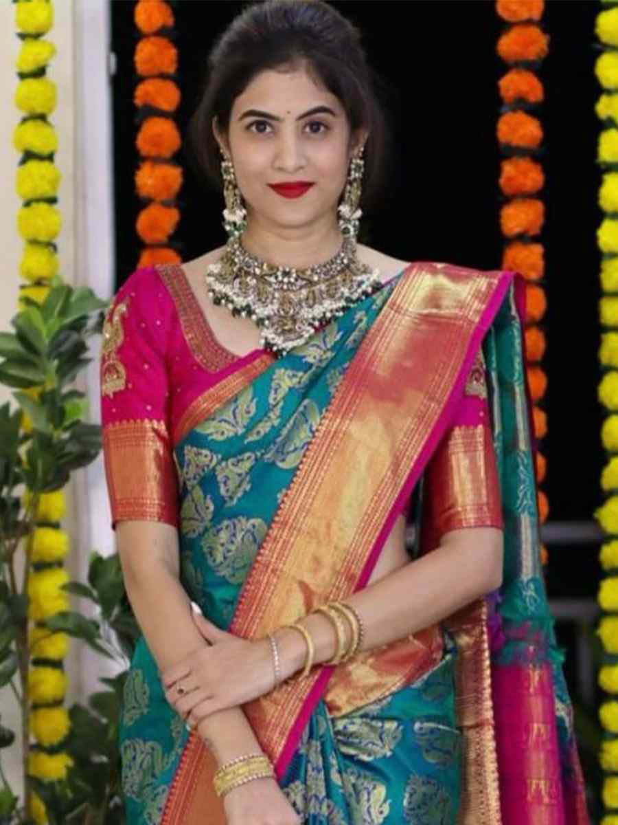 Blue Silk Handwoven Festival Wedding Fancy Heavy Border Saree