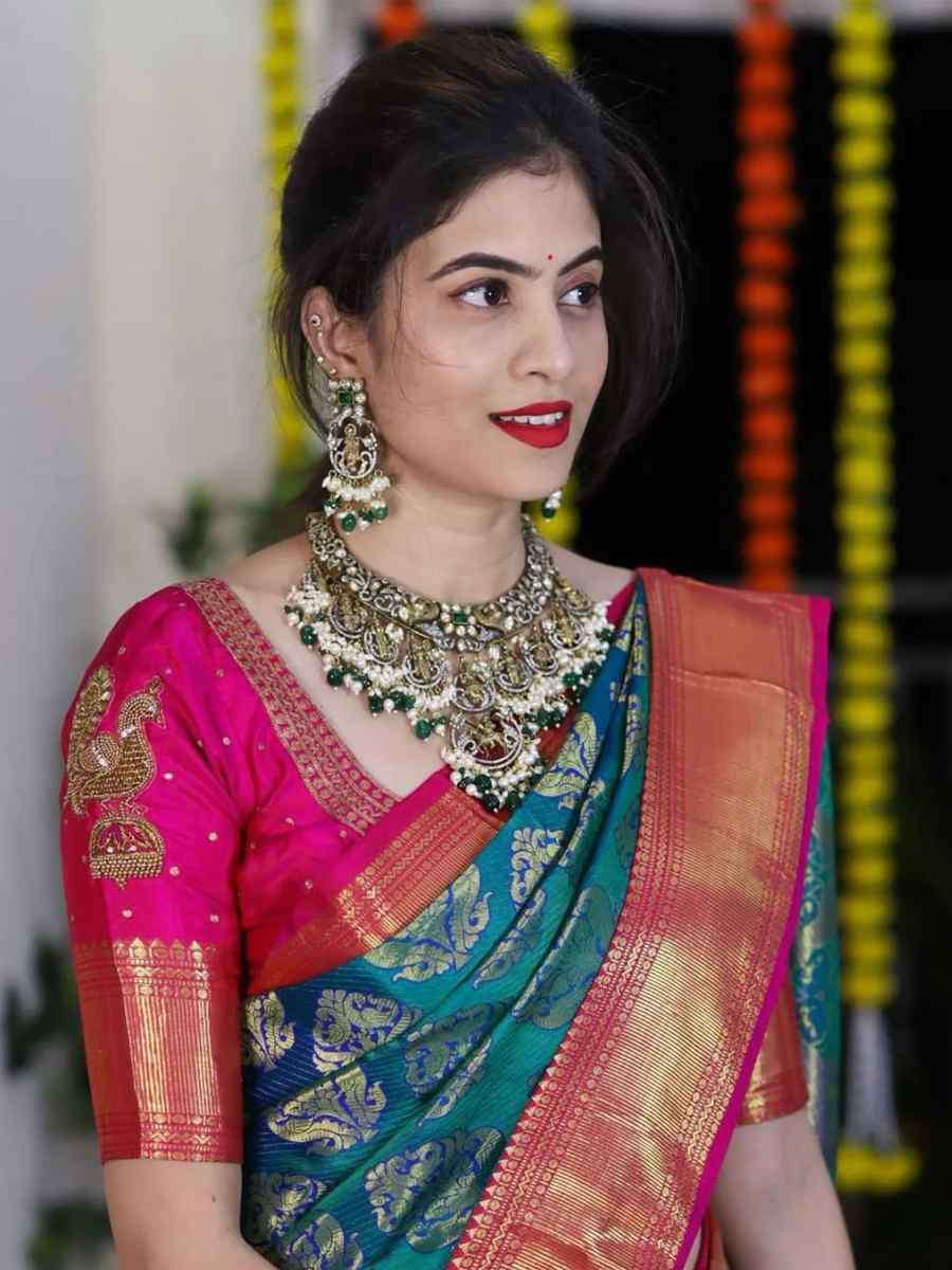 Blue Silk Handwoven Festival Wedding Fancy Heavy Border Saree