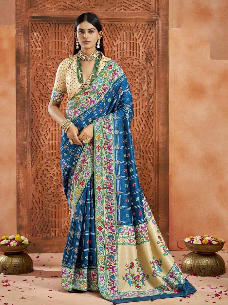 Blue Silk Handwoven Festival Wedding Fancy Heavy Border Saree