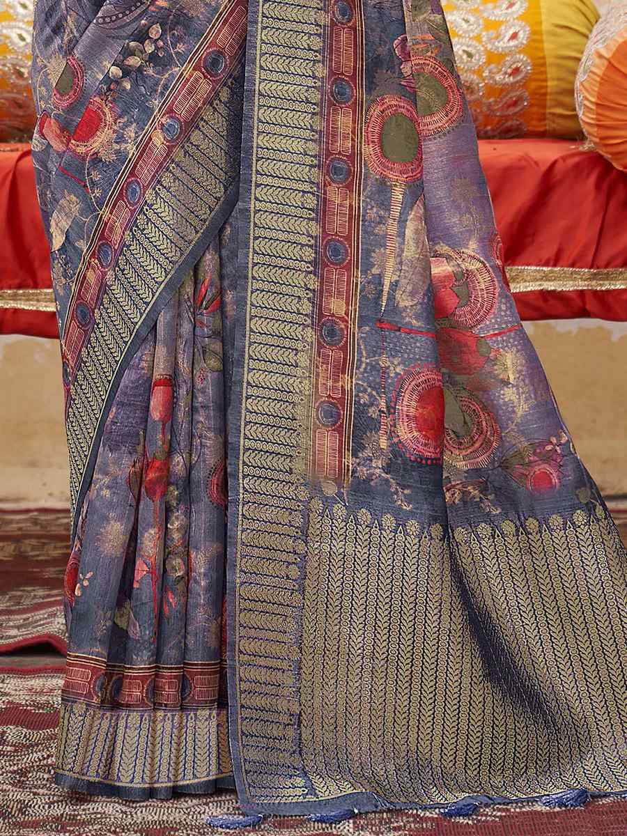 Blue Silk Handwoven Festival Wedding Fancy Heavy Border Saree