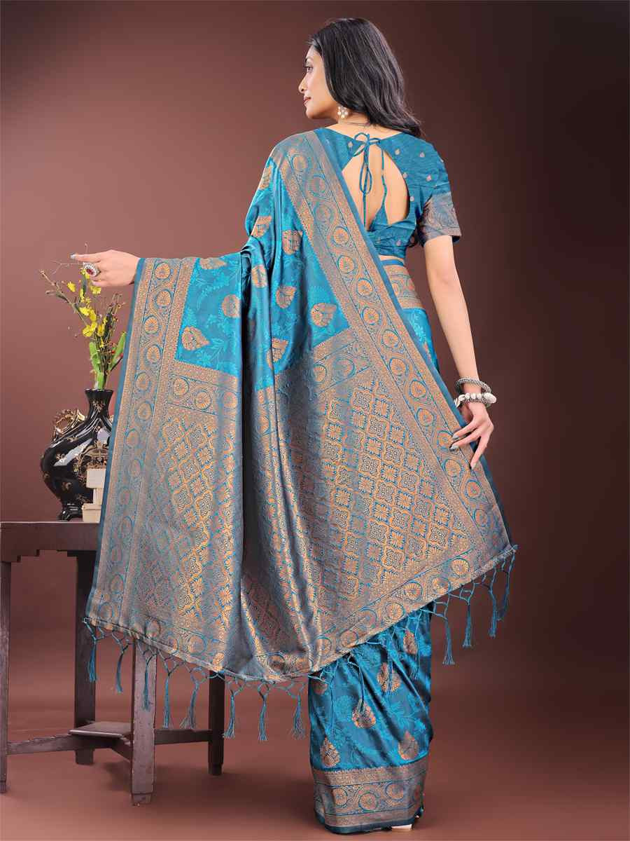 Blue Silk Handwoven Festival Wedding Fancy Heavy Border Saree