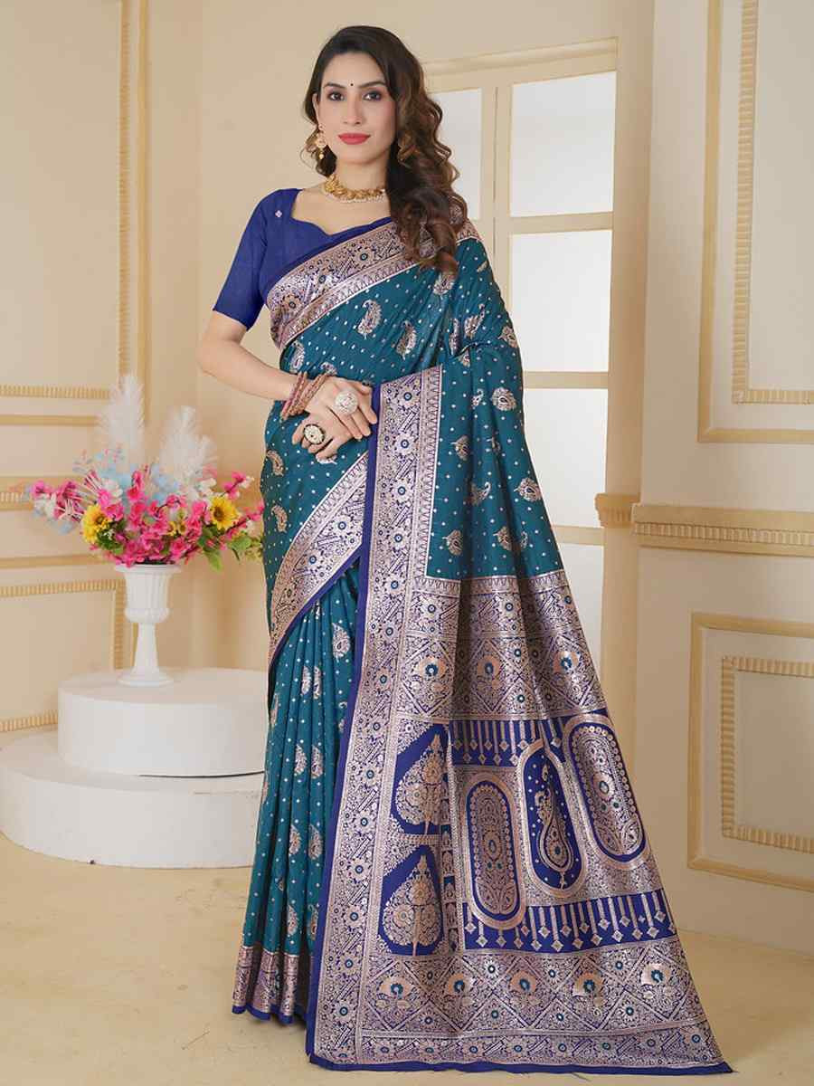 Blue Silk Handwoven Festival Wedding Fancy Heavy Border Saree