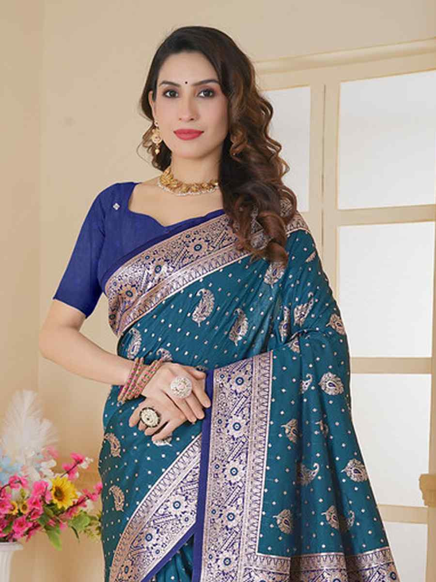 Blue Silk Handwoven Festival Wedding Fancy Heavy Border Saree