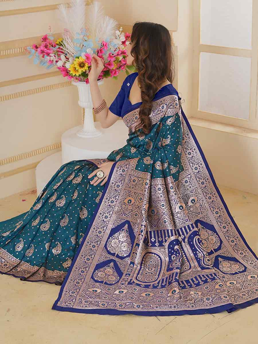 Blue Silk Handwoven Festival Wedding Fancy Heavy Border Saree