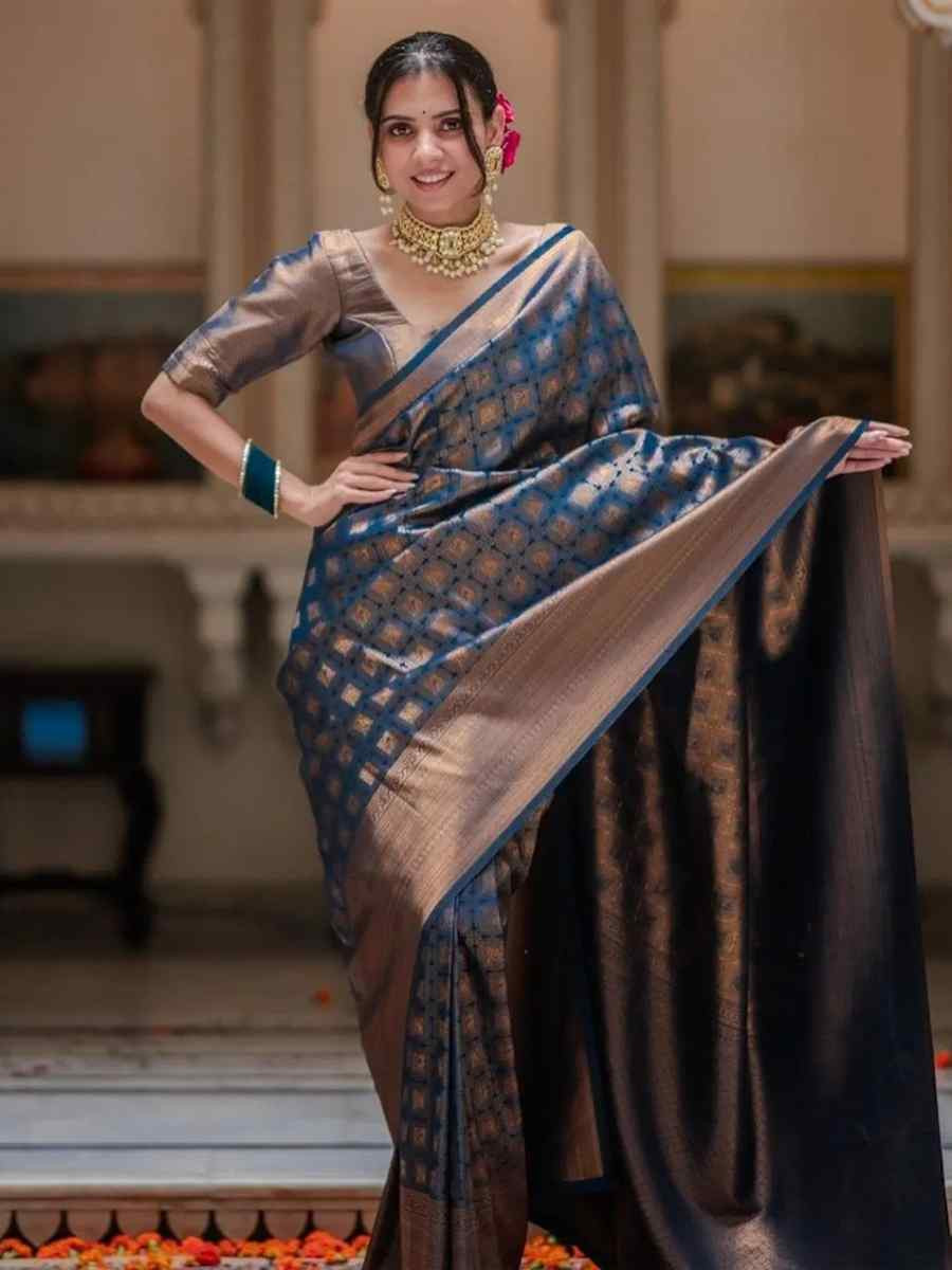 Blue Silk Handwoven Festival Wedding Fancy Heavy Border Saree