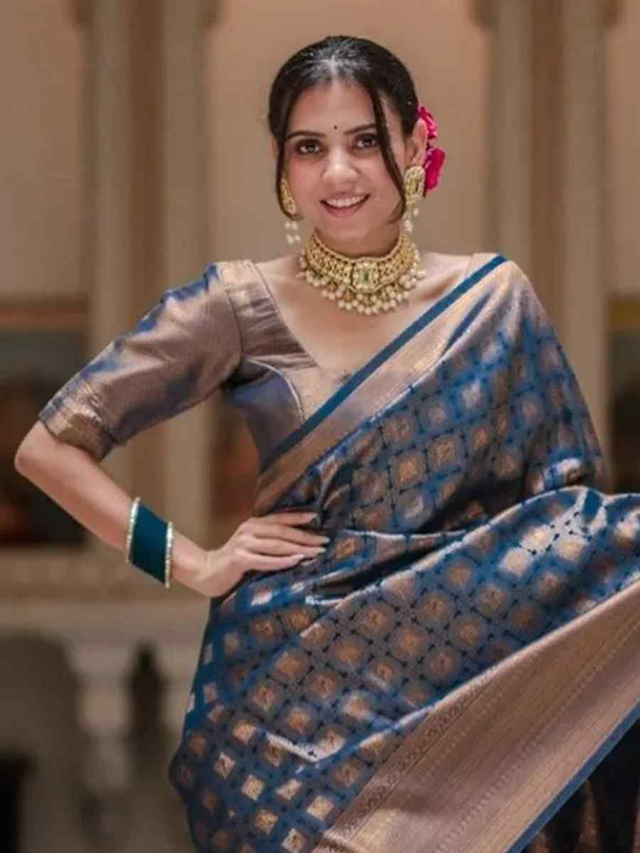 Blue Silk Handwoven Festival Wedding Fancy Heavy Border Saree